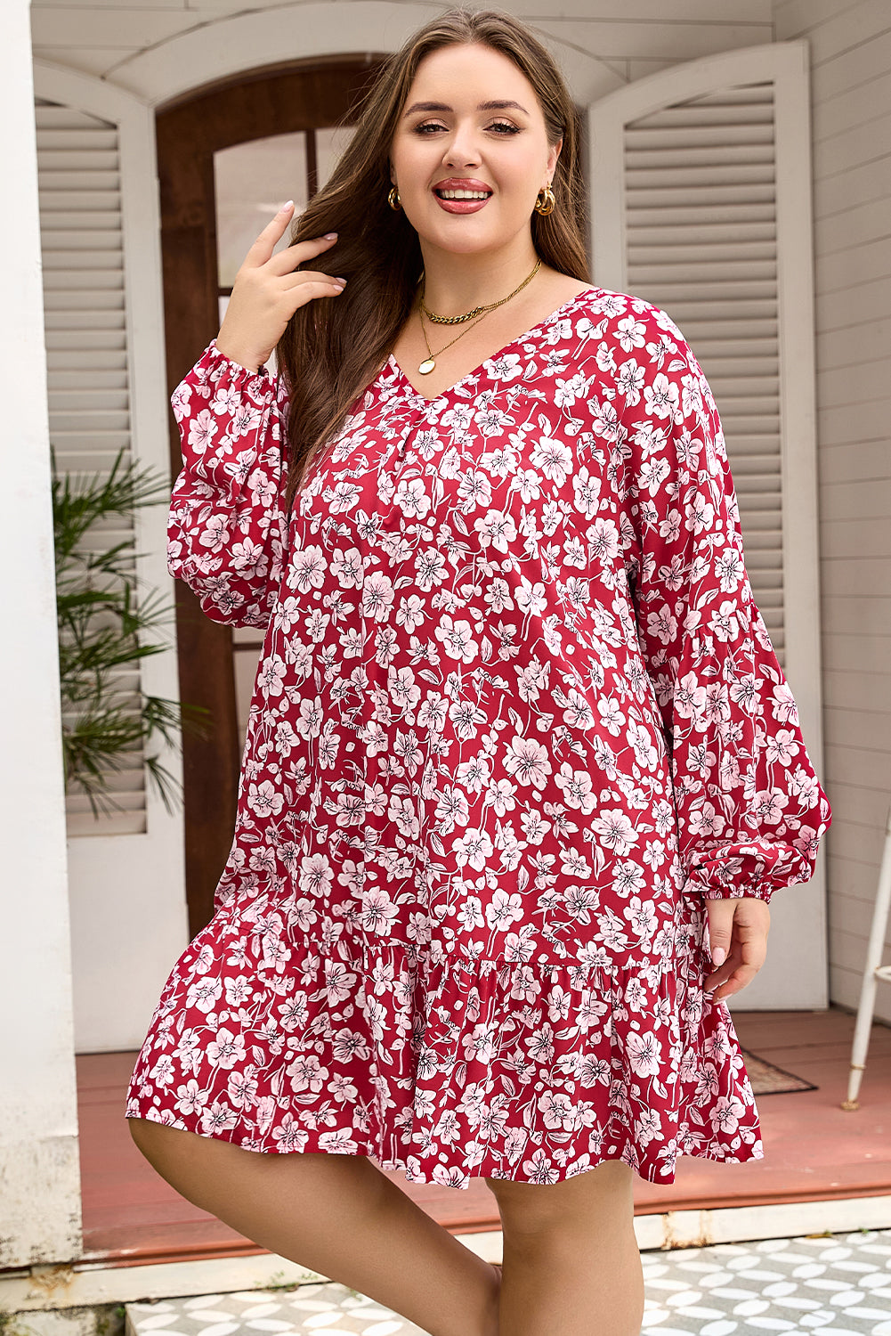 Red Plus Floral Balloon Sleeve V Neck Relaxed Dress Dear-Lover Dropshipping Plus Size/Plus Size Dresses/Plus Size Mini Dresses
