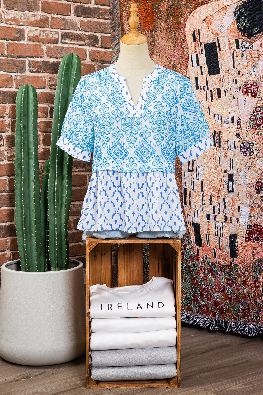Sky Blue Boho Floral Geometric Patchwork Short Puff Sleeve Babydoll Blouse