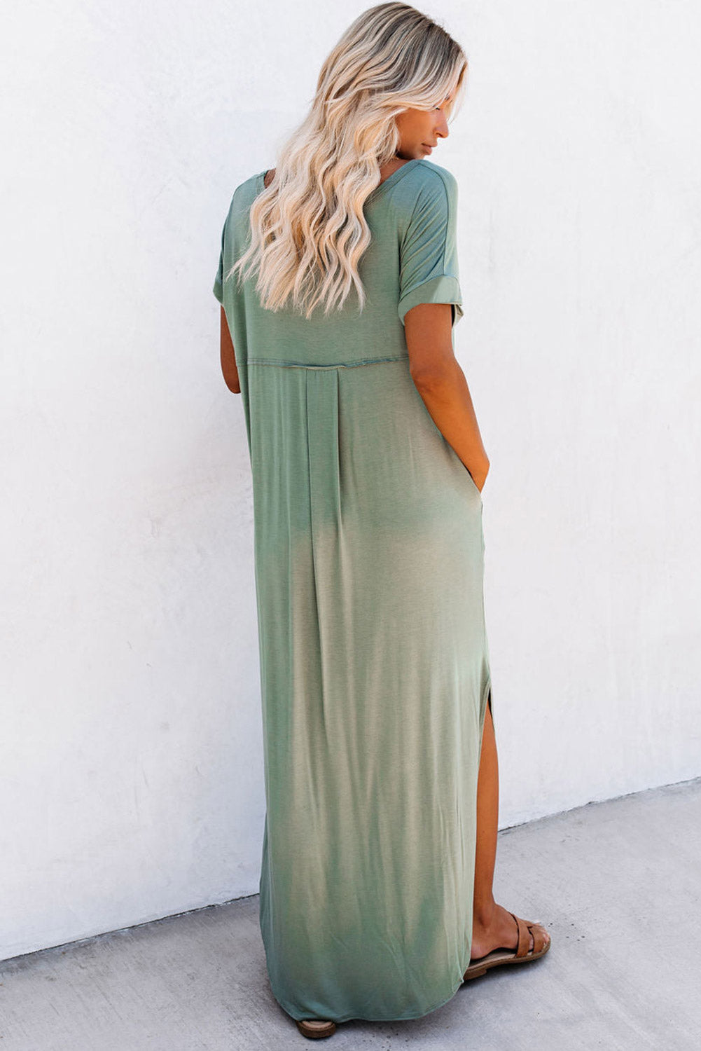 Sage V-Neck Hidden Pocket Splits Maxi T-shirt Dress
