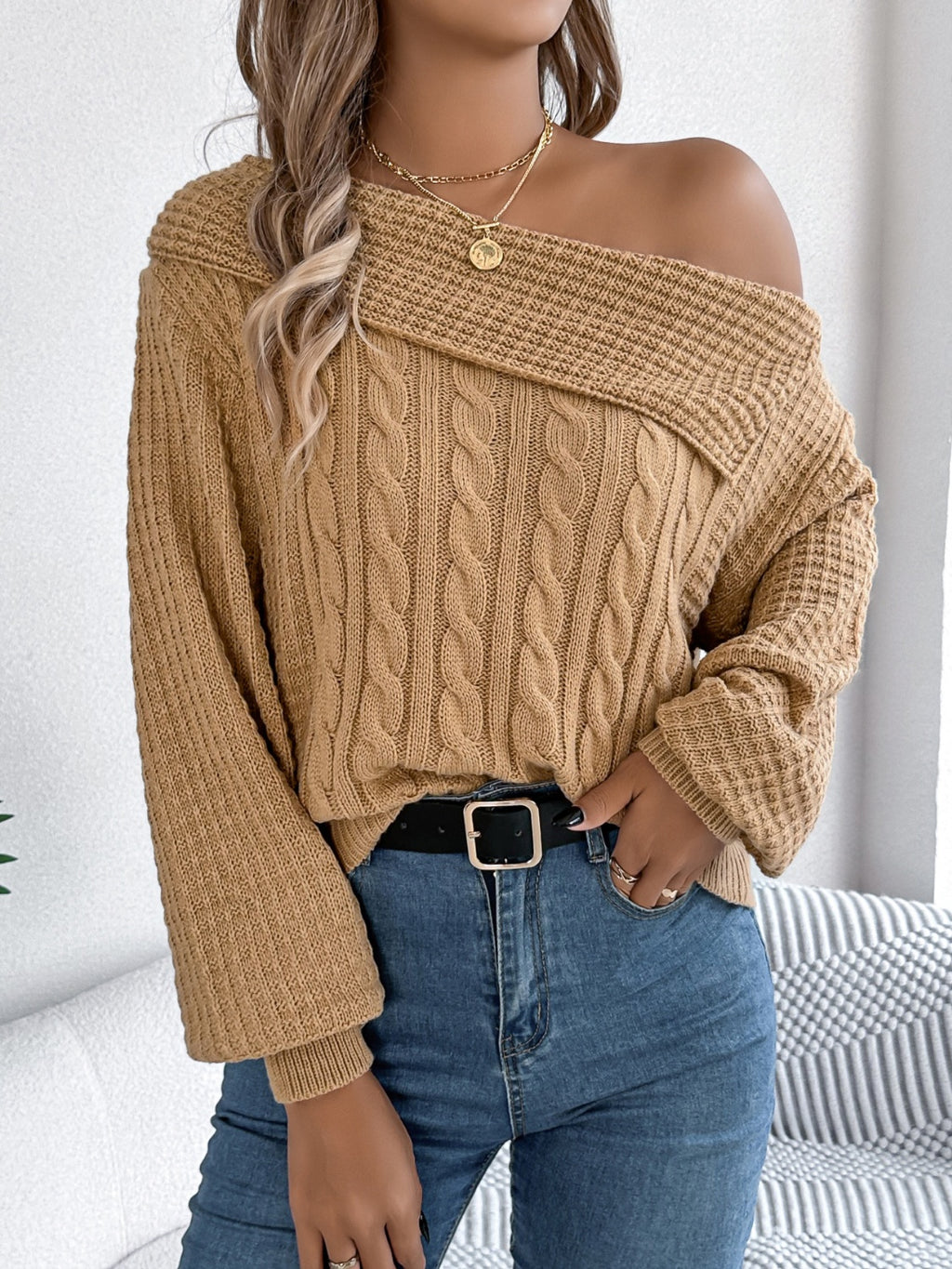 Cable-Knit Off Shoulder Long Sleeve Sweater