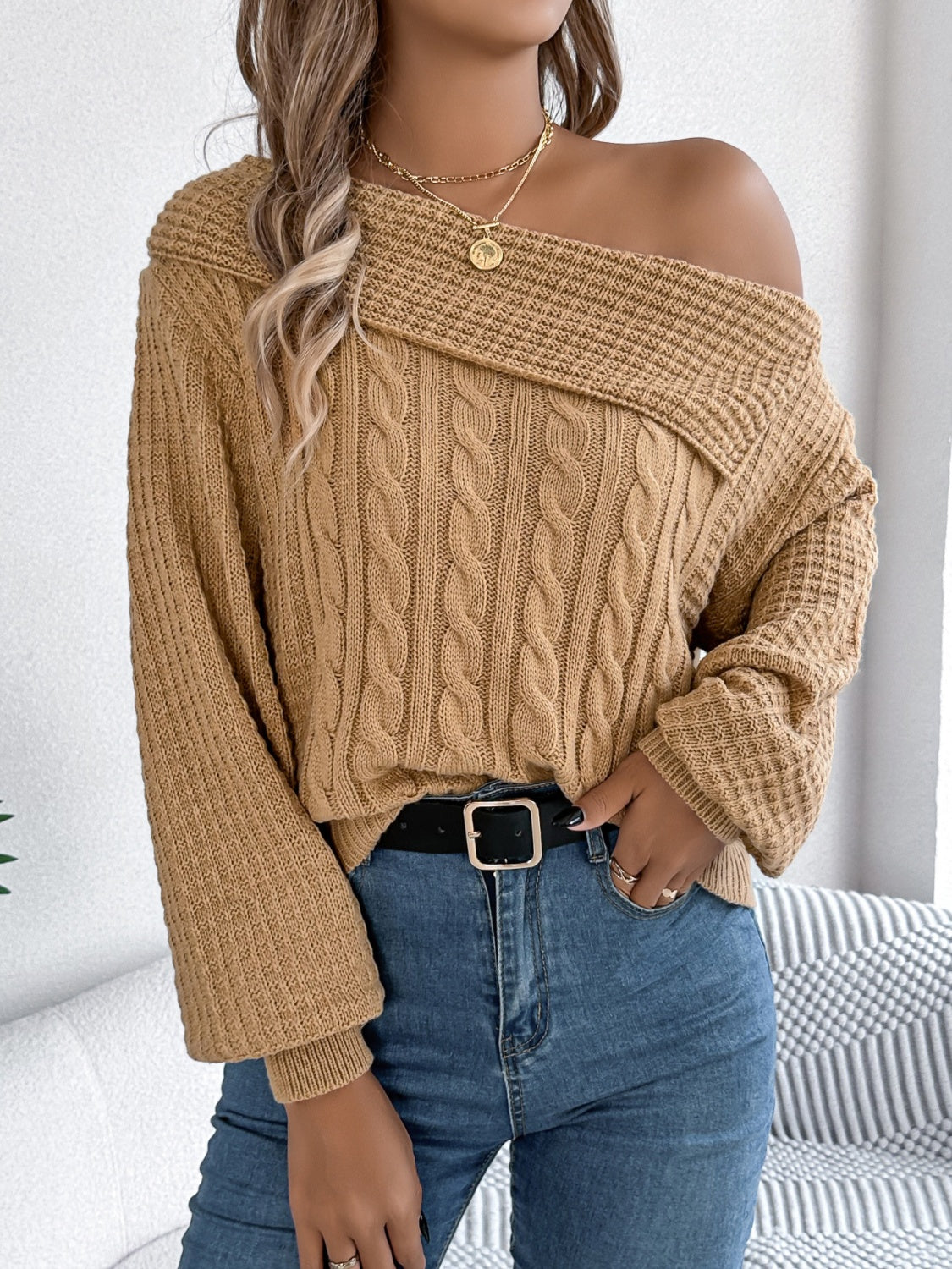Cable-Knit Off Shoulder Long Sleeve Sweater