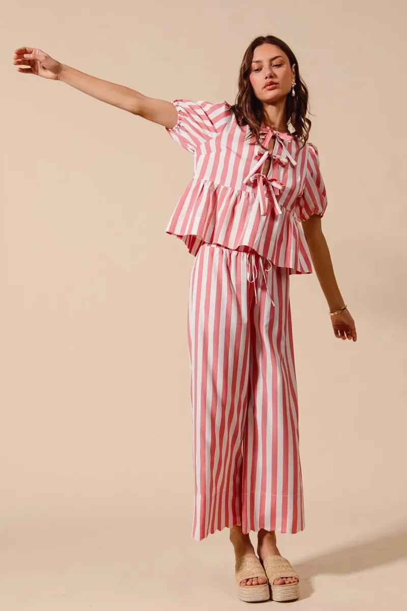 Pink Striped Pants Set Trendsi Front Tie Stripe Top With Puff Sleeves and Pants