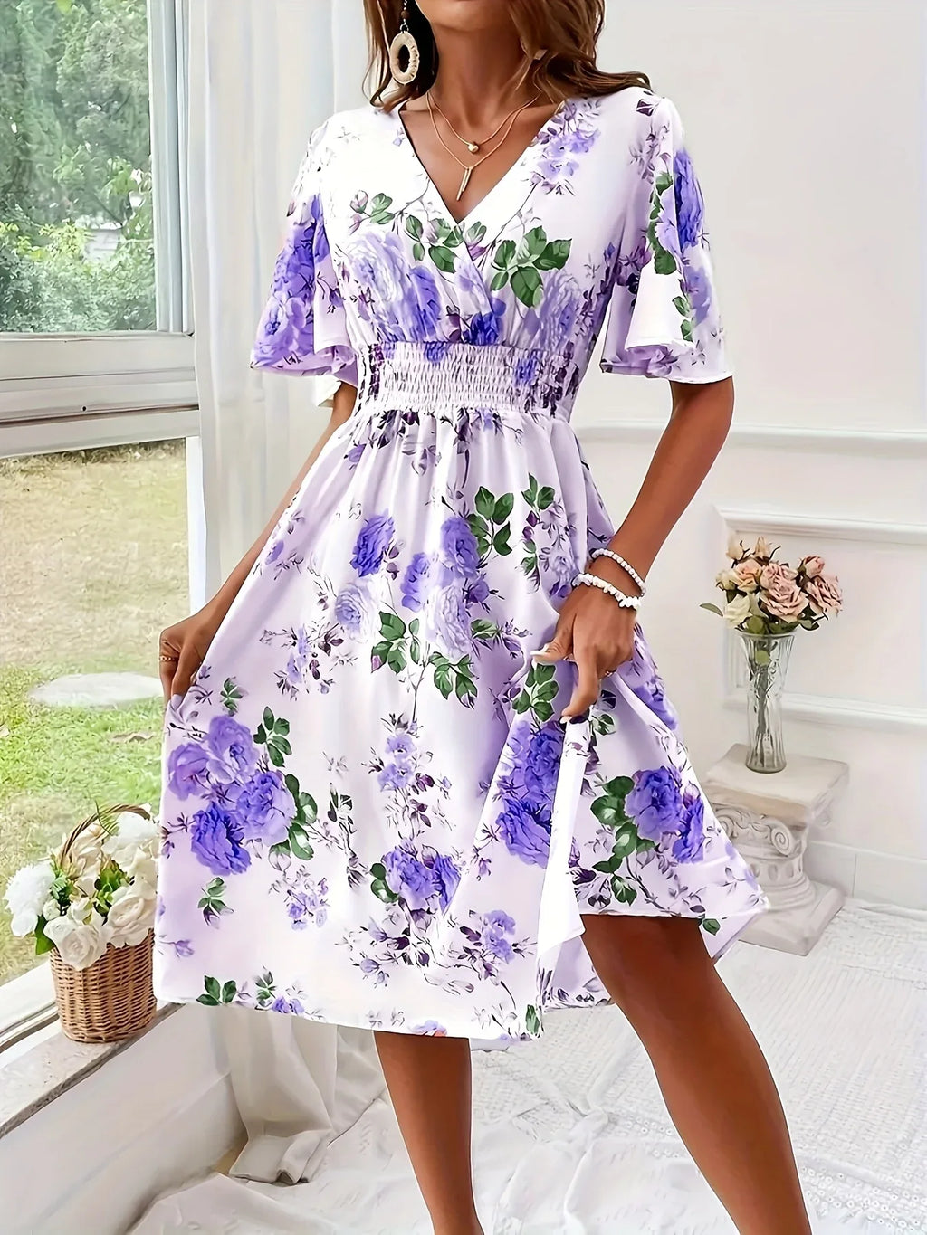 Short Sleeve V-Neck Floral Dresses Bazaare Mart Short Sleeve V-Neck Floral Dresses