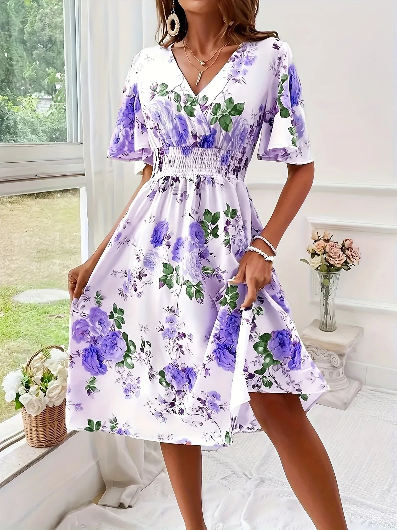 Short Sleeve V-Neck Floral Dresses Bazaare Mart Short Sleeve V-Neck Floral Dresses