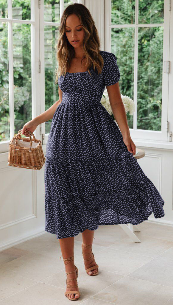 Short Puff Sleeve Floral Tiered Dress Dark Blue CJ Dropshipping Ditsy Tiered Peasant Dress