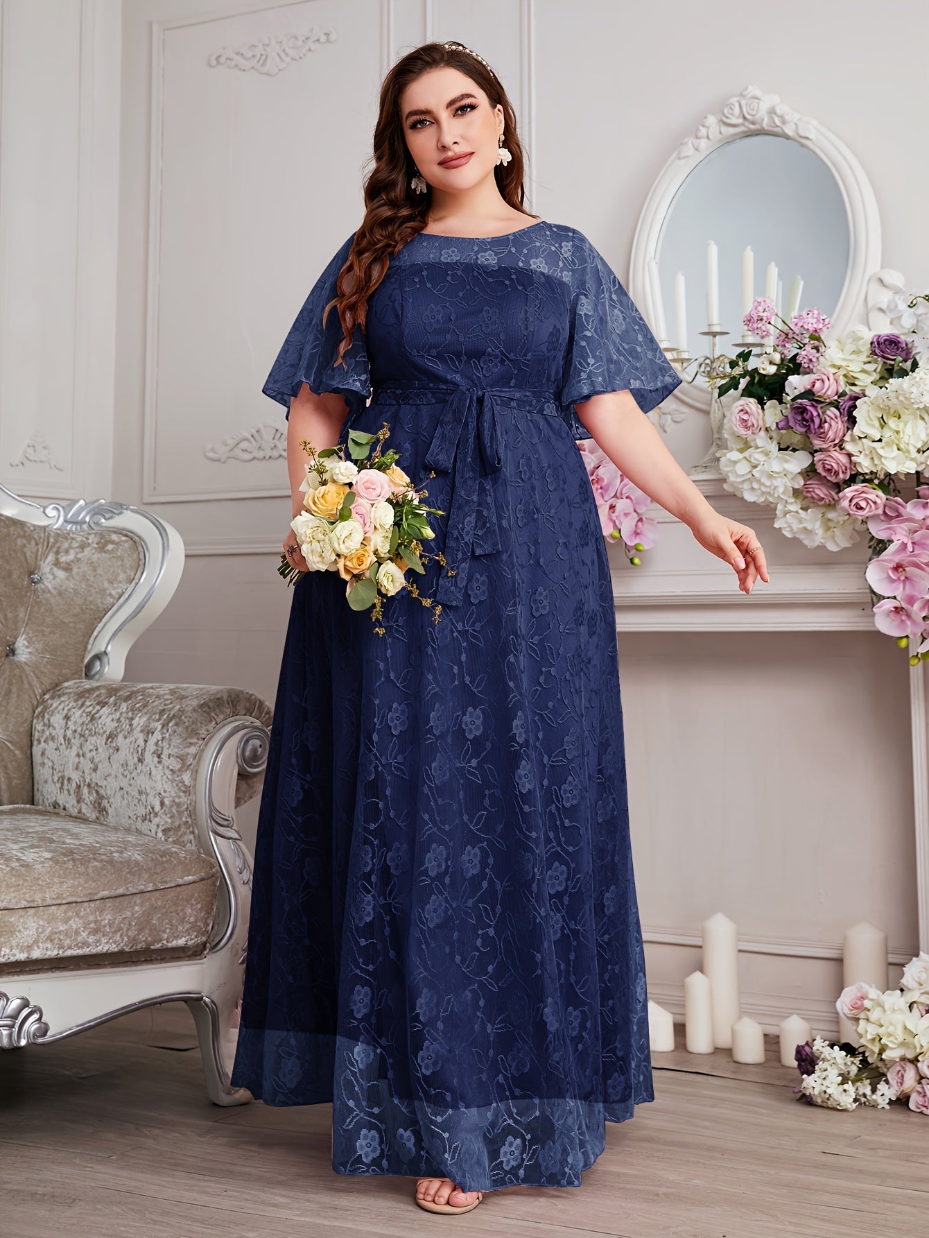Elegant High Waist Lace Round Neck Half Flutter Sleeve Solid Color Formal Floor Length Dress