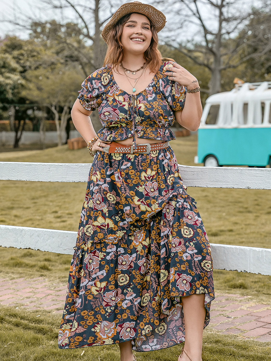 Floral Plus Size Short Sleeve Top and Skirt Set