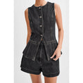 Women’s Sleeveless Denim-Inspired Top & Shorts Set – Casual 2-Piece Outfit Black And Gray CJ Dropshipping Button Up Sleeveless Denim Shorts Set