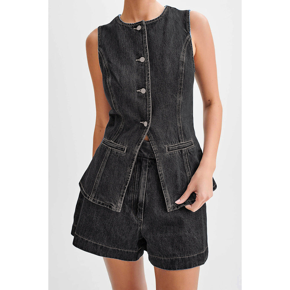 Women’s Sleeveless Denim-Inspired Top & Shorts Set – Casual 2-Piece Outfit Black And Gray CJ Dropshipping Button Up Sleeveless Denim Shorts Set