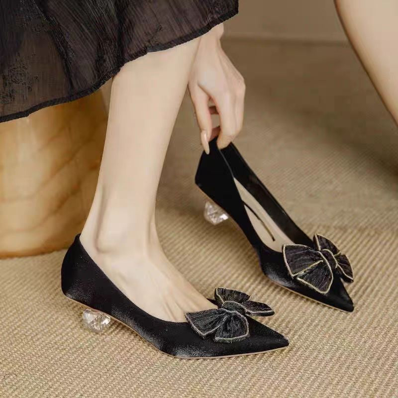 French Style Pointed Toe Chunky Low-heel Bow Detail Pumps Black CJ Dropshipping Pointed Toe Low Heel French Shoes