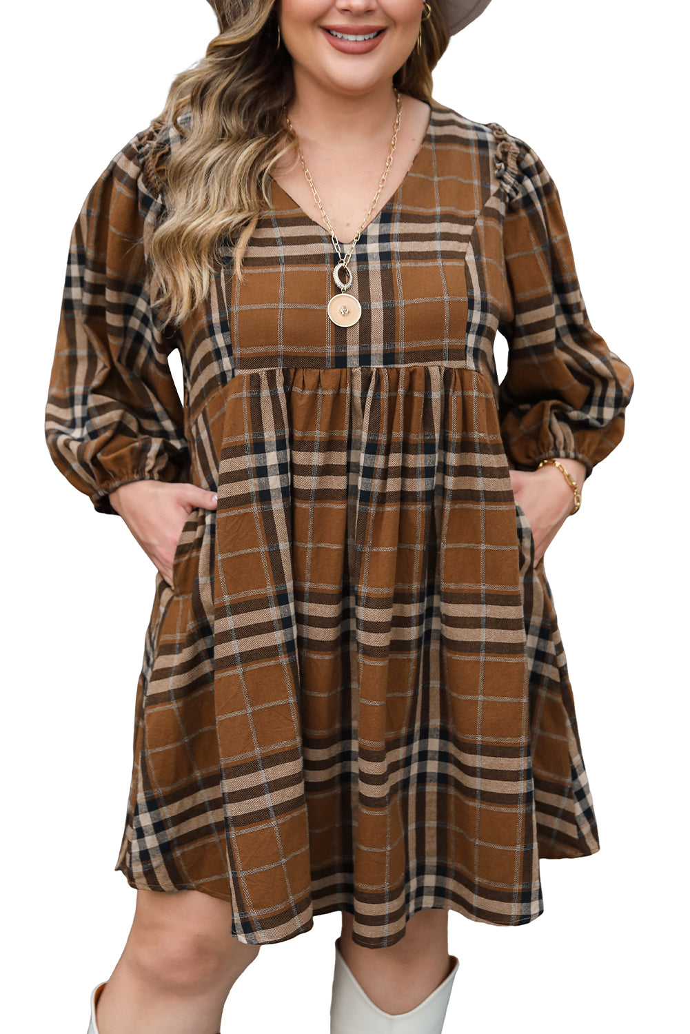 Brown Plaid Plus Size A Line Dress