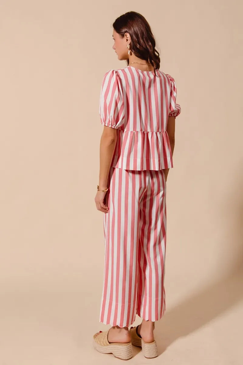 Pink Striped Pants Set Trendsi Front Tie Stripe Top With Puff Sleeves and Pants