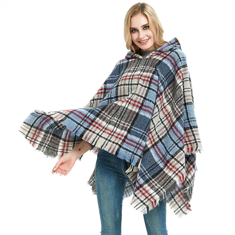 Plaid Hooded Poncho - Bazaare Mart