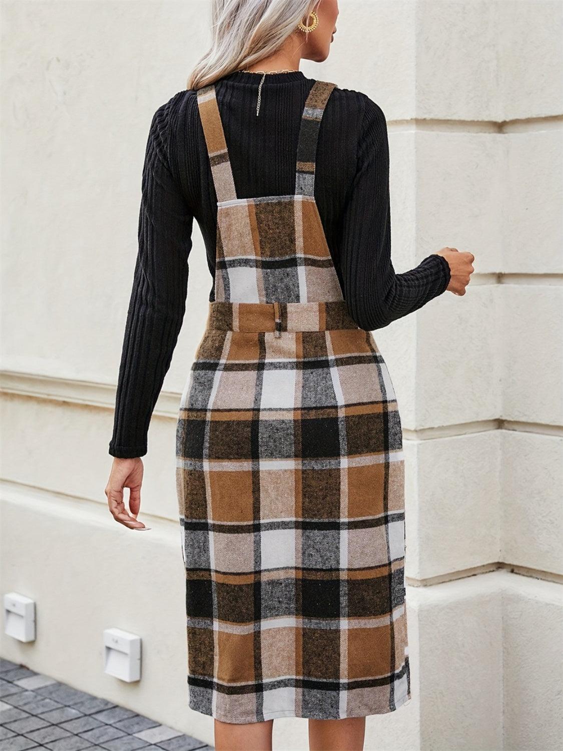 Brown Plaid Overall Dress