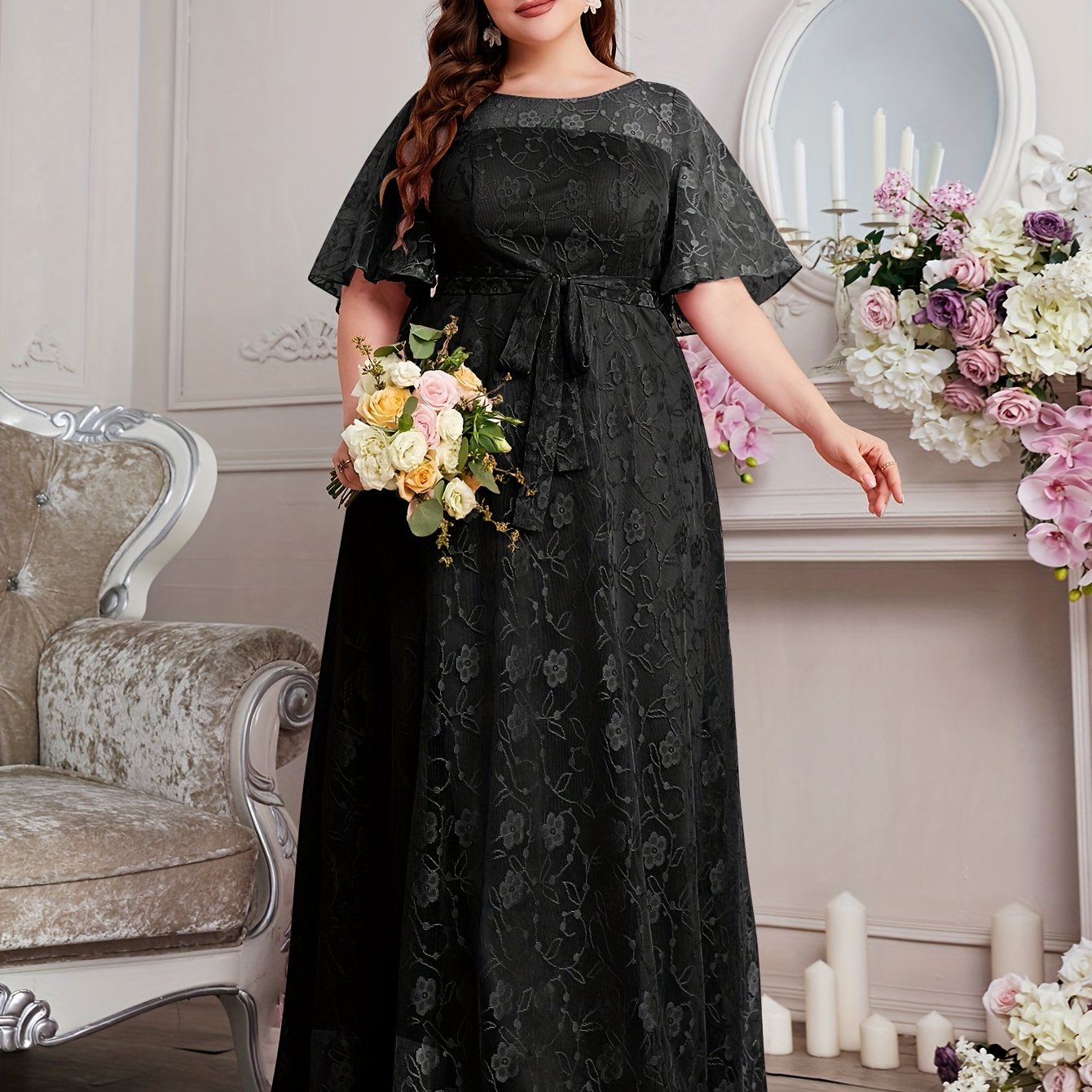 Elegant High Waist Lace Round Neck Half Flutter Sleeve Solid Color Formal Floor Length Dress