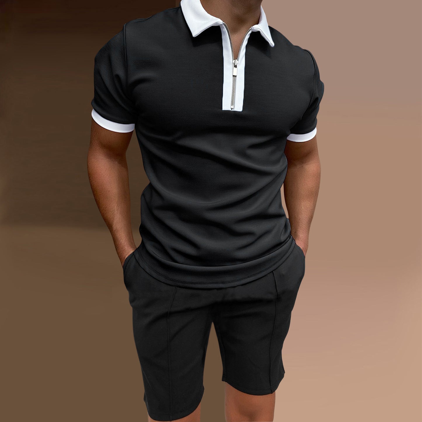 Black Slim-fit Zip Polo Shorts Set