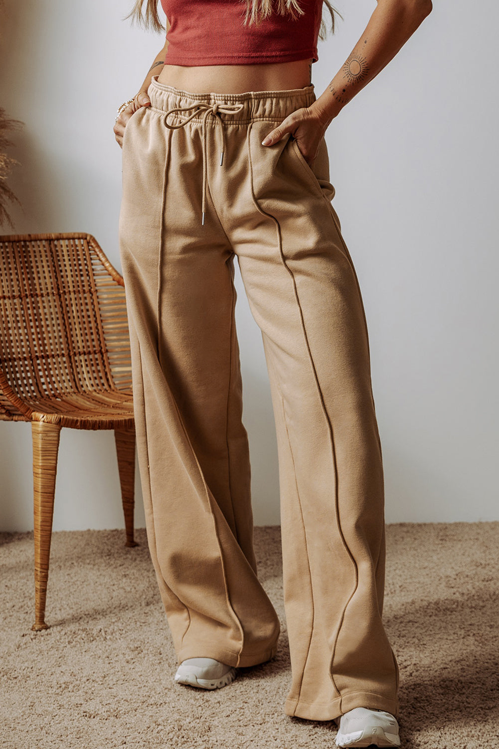Khaki Exposed Seam Drawstring High Waist Wide Leg Pants