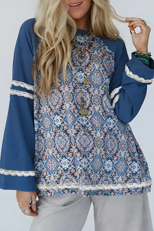 Blue Patchwork & Lace Raglan Long Sleeve Top Blue 62%Polyester+32%Cotton+6%Elastane Bazaare Mart Tops/Long Sleeve Tops