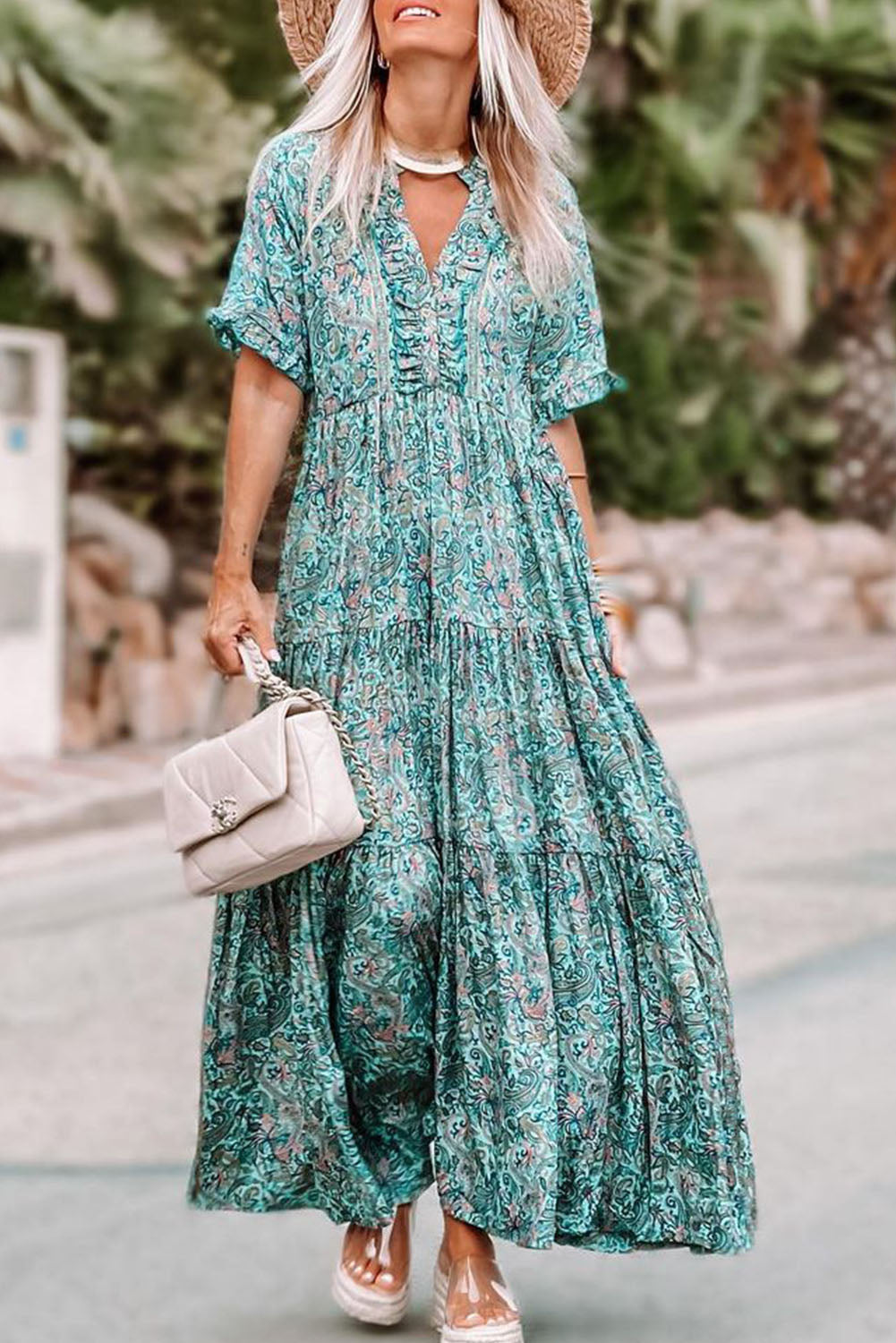 Blue Floral Short Sleeve Tiered Maxi Dress