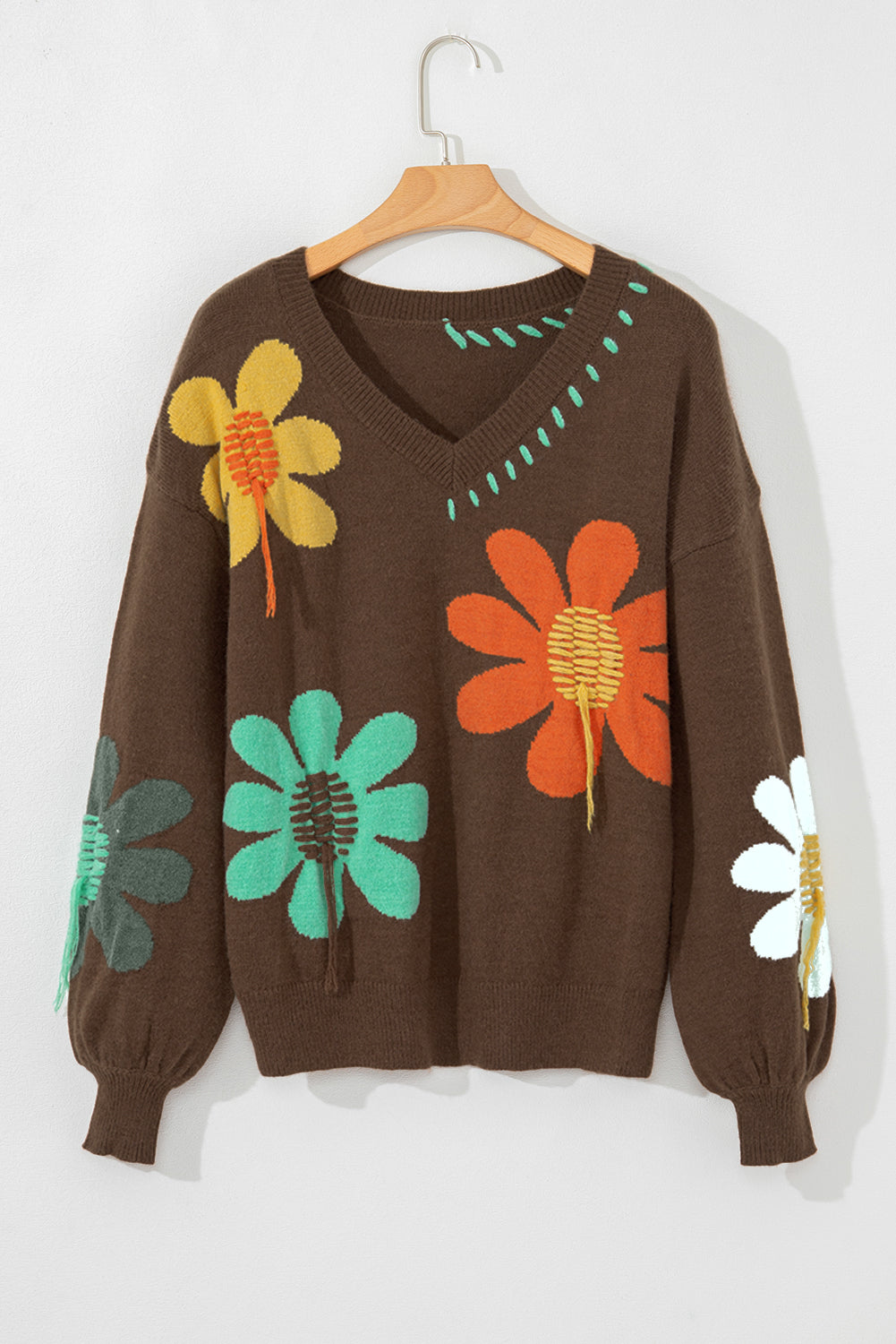 Coffee Big Flower V Neck Drop Shoulder Distressed Sweater