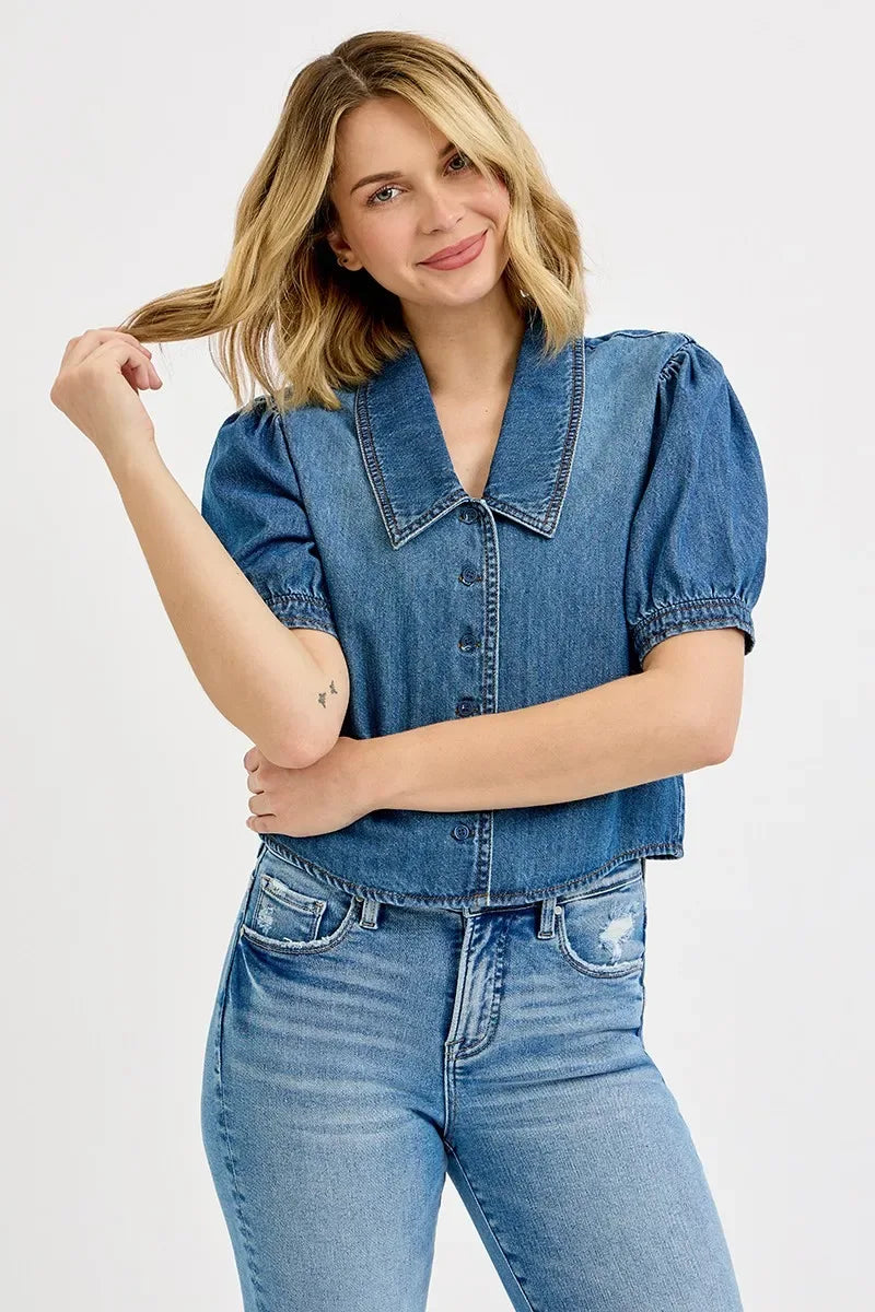 RISEN Button Down Puff Sleeve Crop Denim Shirt Trendsi Shirts