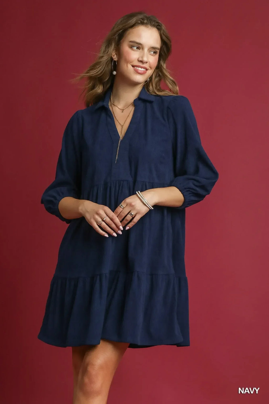 Umgee Tiered Corduroy Mini Dress with Balloon Sleeves Navy Trendsi Tiered Corduroy Mini Dress