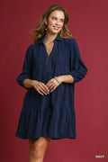 Umgee Tiered Corduroy Mini Dress with Balloon Sleeves Navy Trendsi Tiered Corduroy Mini Dress