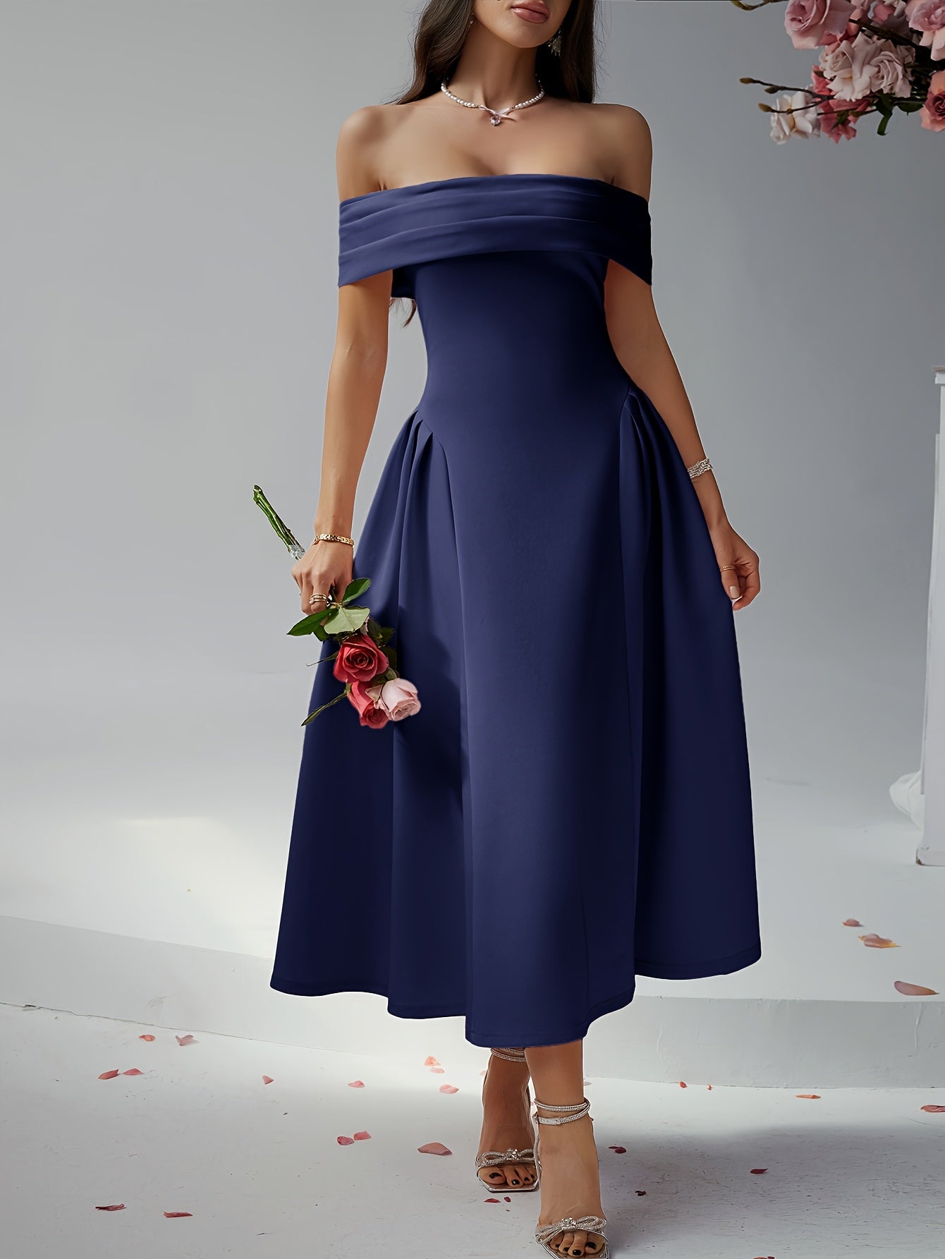 Elegant Pure Color High Waist Off Shoulder Midi Dress