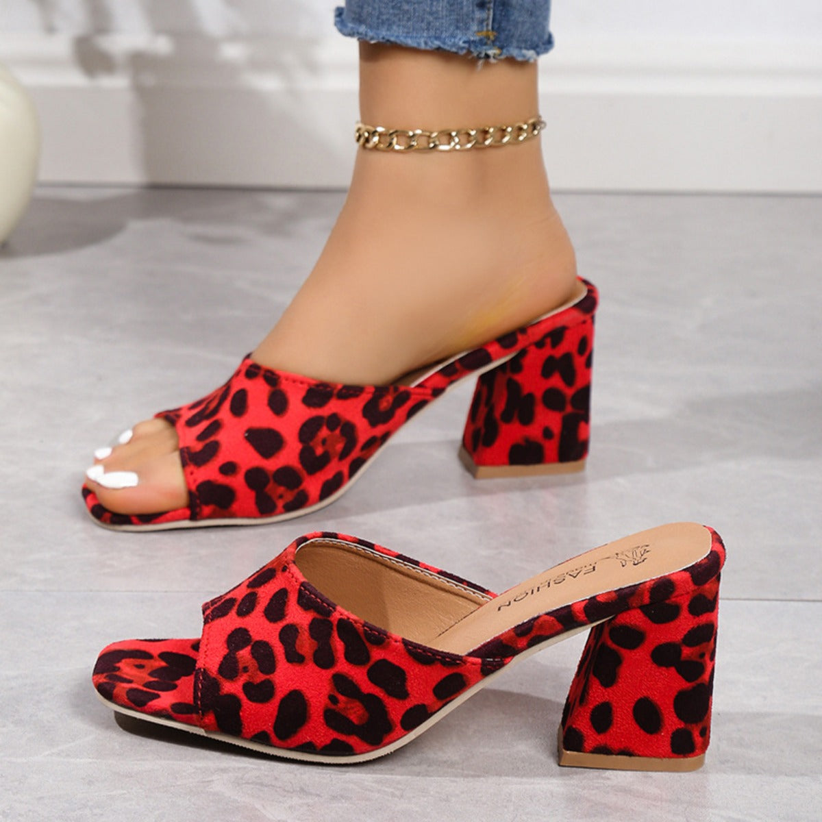 Red Leopard Block Heel Suede Slide Sandals