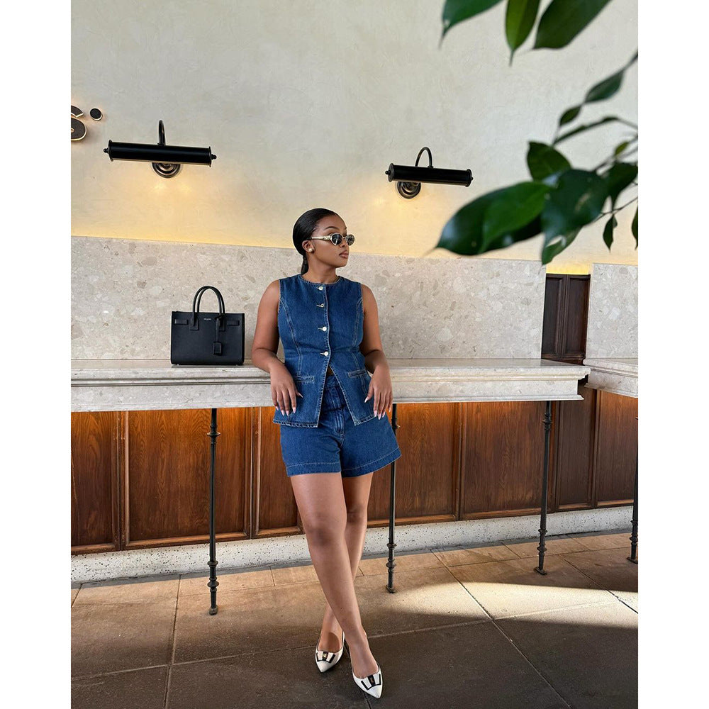 Women’s Sleeveless Denim-Inspired Top & Shorts Set – Casual 2-Piece Outfit CJ Dropshipping Button Up Sleeveless Denim Shorts Set
