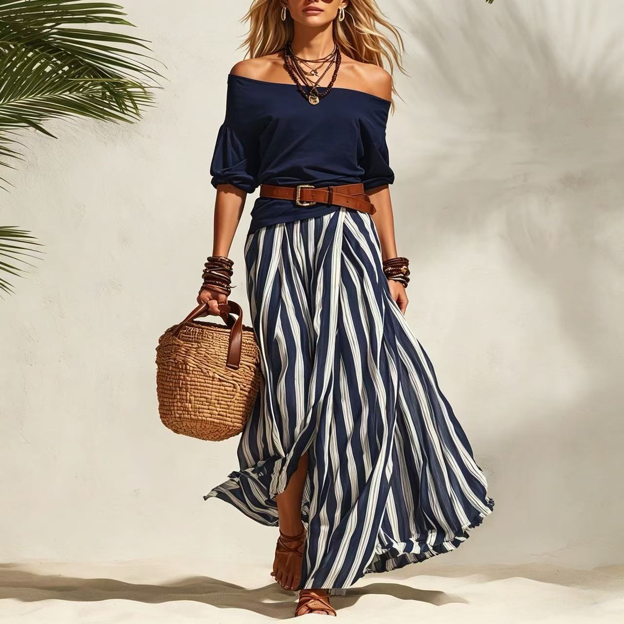 Women’s Off-Shoulder Top & Stripe Slit Maxi Skirt Set – Two-Piece Matching Outfit CJ Dropshipping 2pc. Maxi Skirt Set