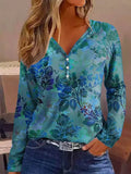 Printed V-Neck Long Sleeve Blouse Cerulean Bazaare Mart Printed V-Neck Long Sleeve Blouse