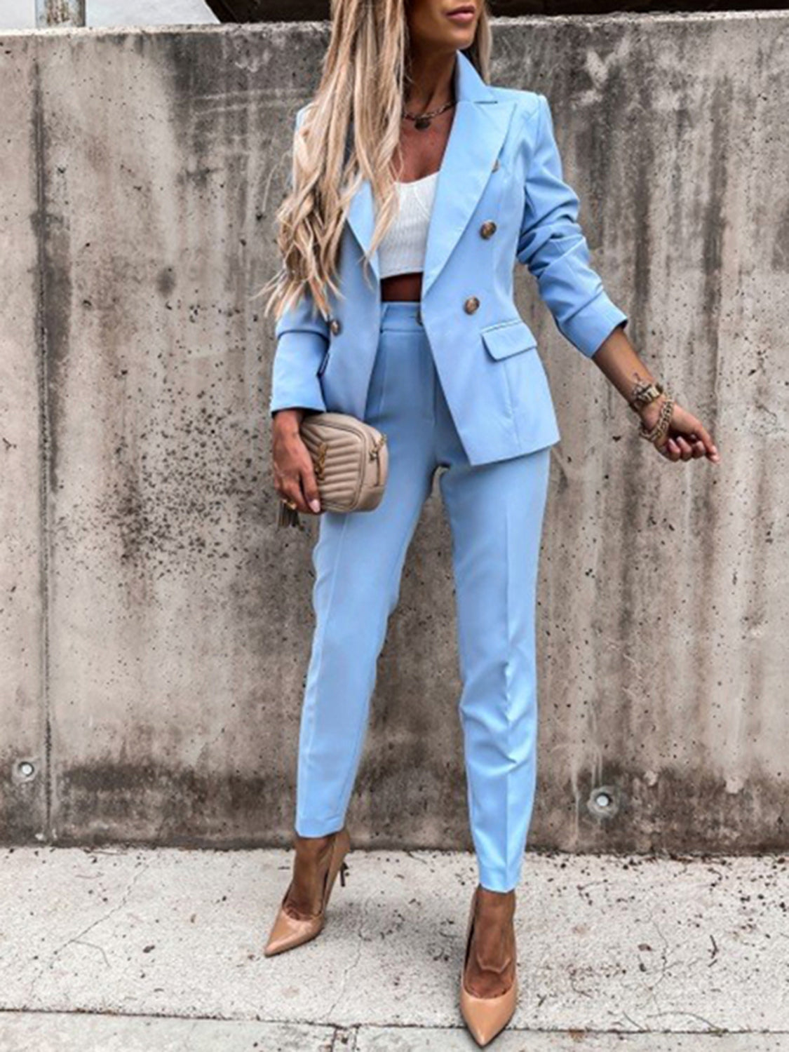 Double Breasted Lapel Collar Pants Suit