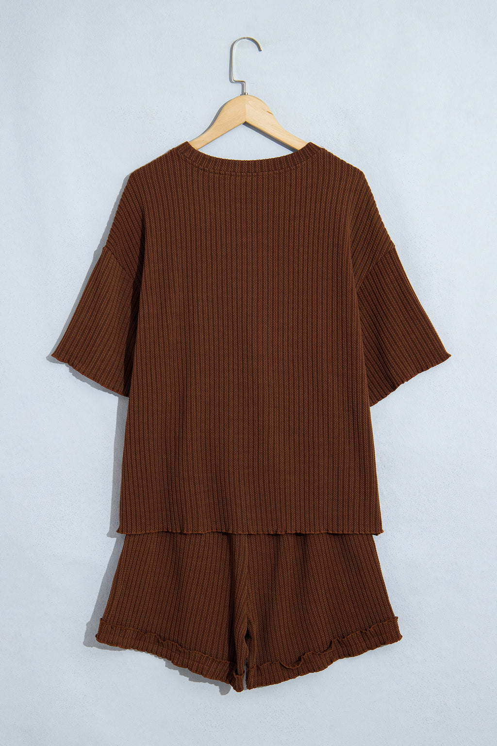Dark Brown Ribbed Knit Lettuce Trim 2pcs Shorts Set