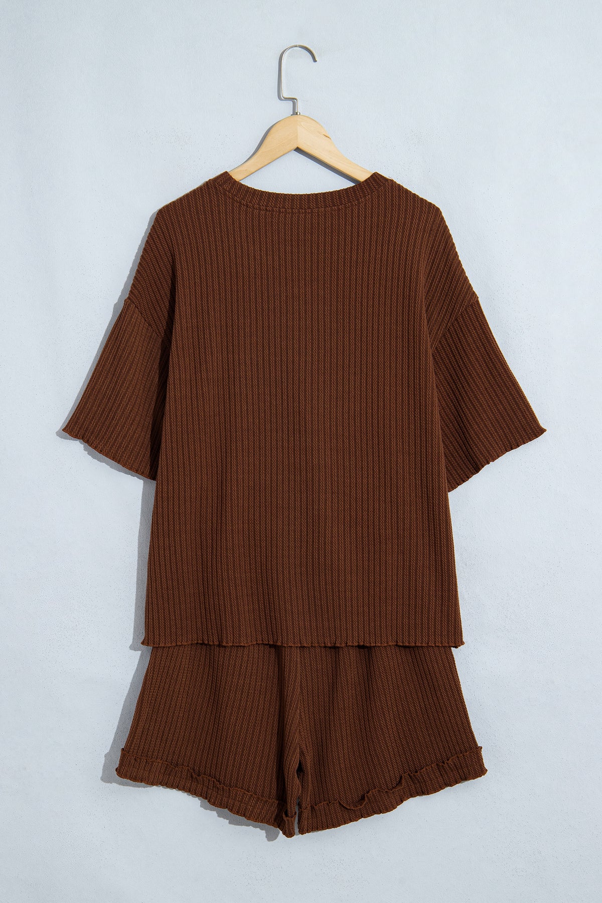 Dark Brown Ribbed Knit Lettuce Trim 2pcs Shorts Set
