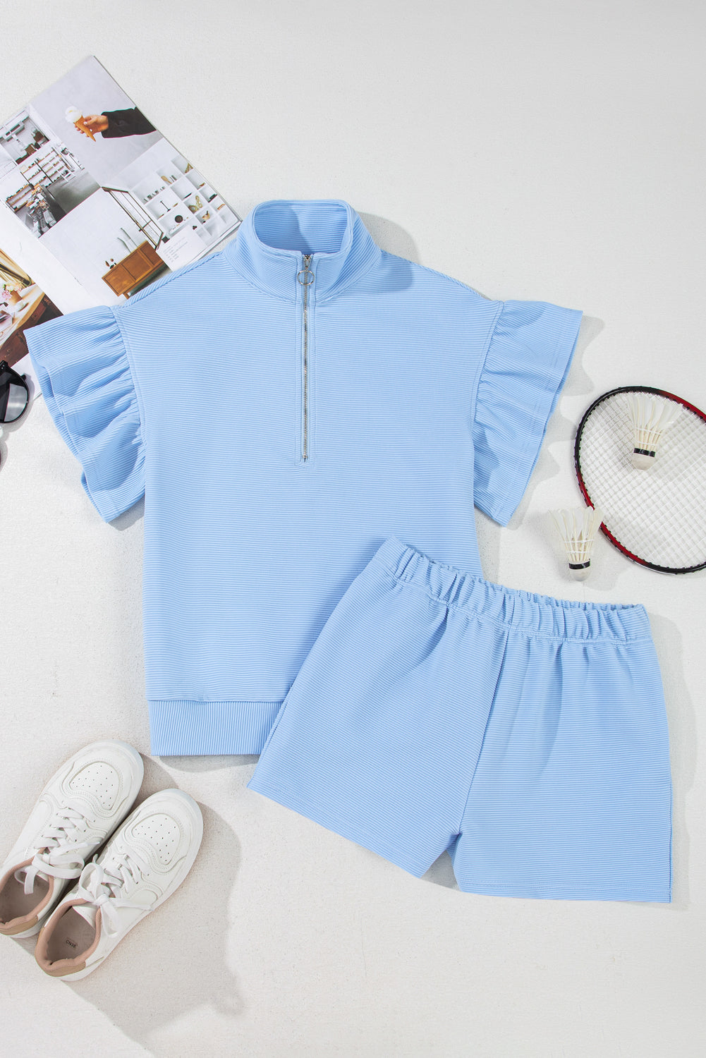 Light Blue Ribbed Texture Shorts Set
