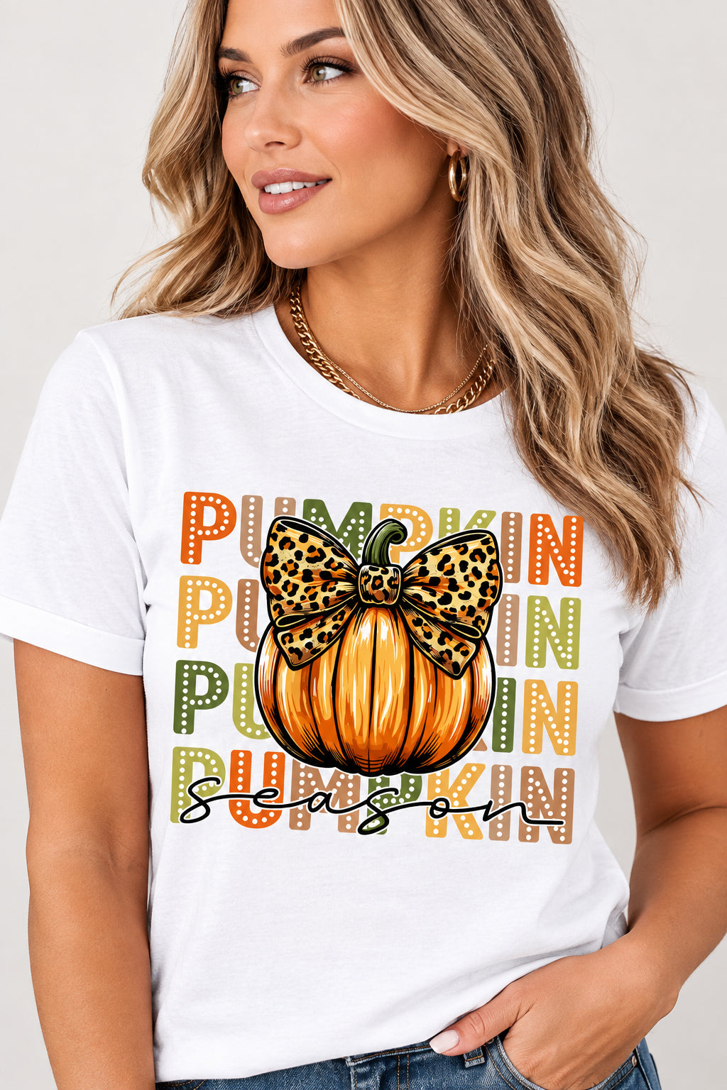 White PUMPKIN Season Leopard Bow Print Crew Neck T Shirt