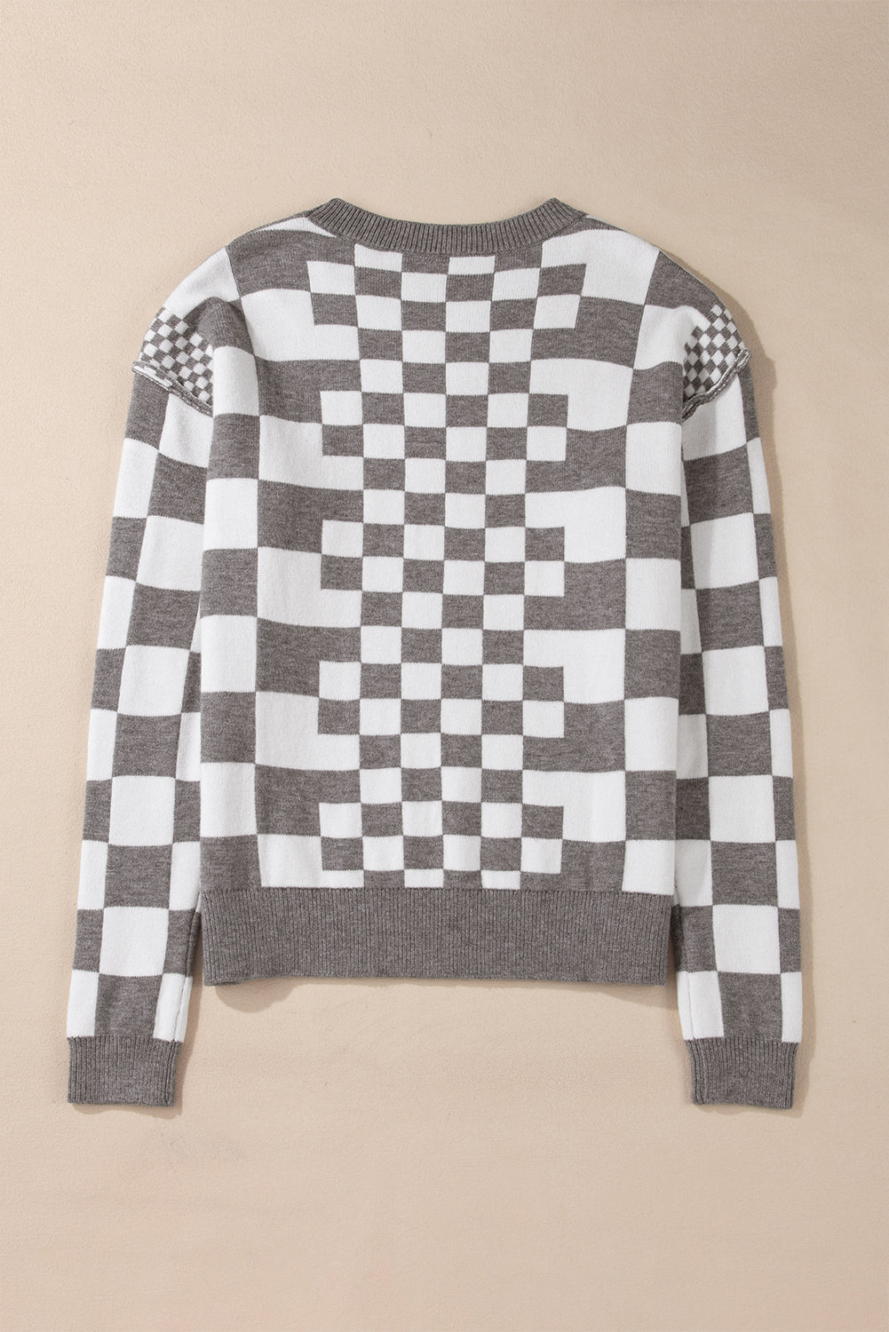 Gray Checkered Drop Shoulder Round Neck Sweater