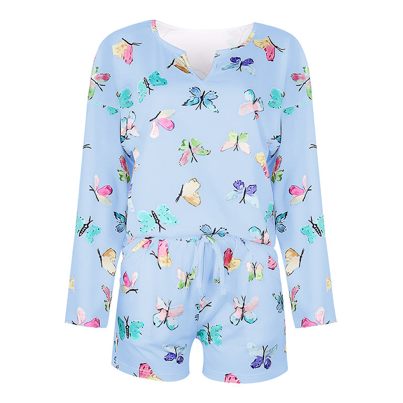 Women’s Butterfly Print Pajama Set – Casual Long Sleeve Loungewear Shorts Outfit CJ Dropshipping Shorts Set