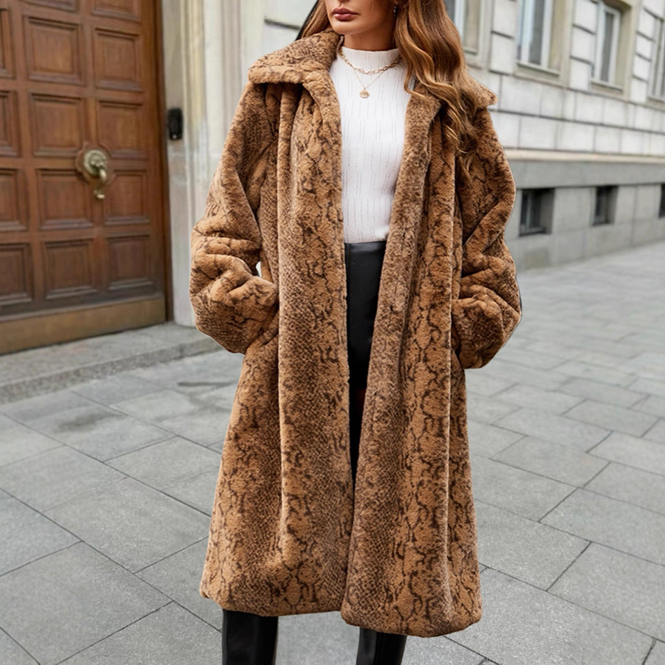 Animal Print Plush Dress Coat