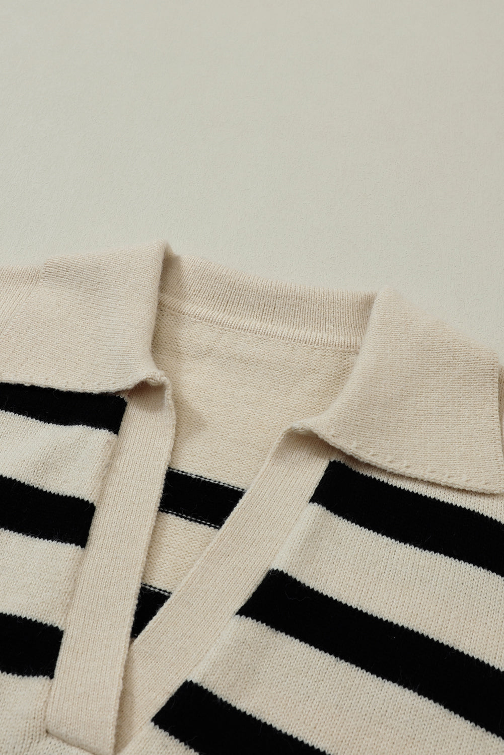 Black Striped Knit Drop Shoulder Collared V Neck Sweater