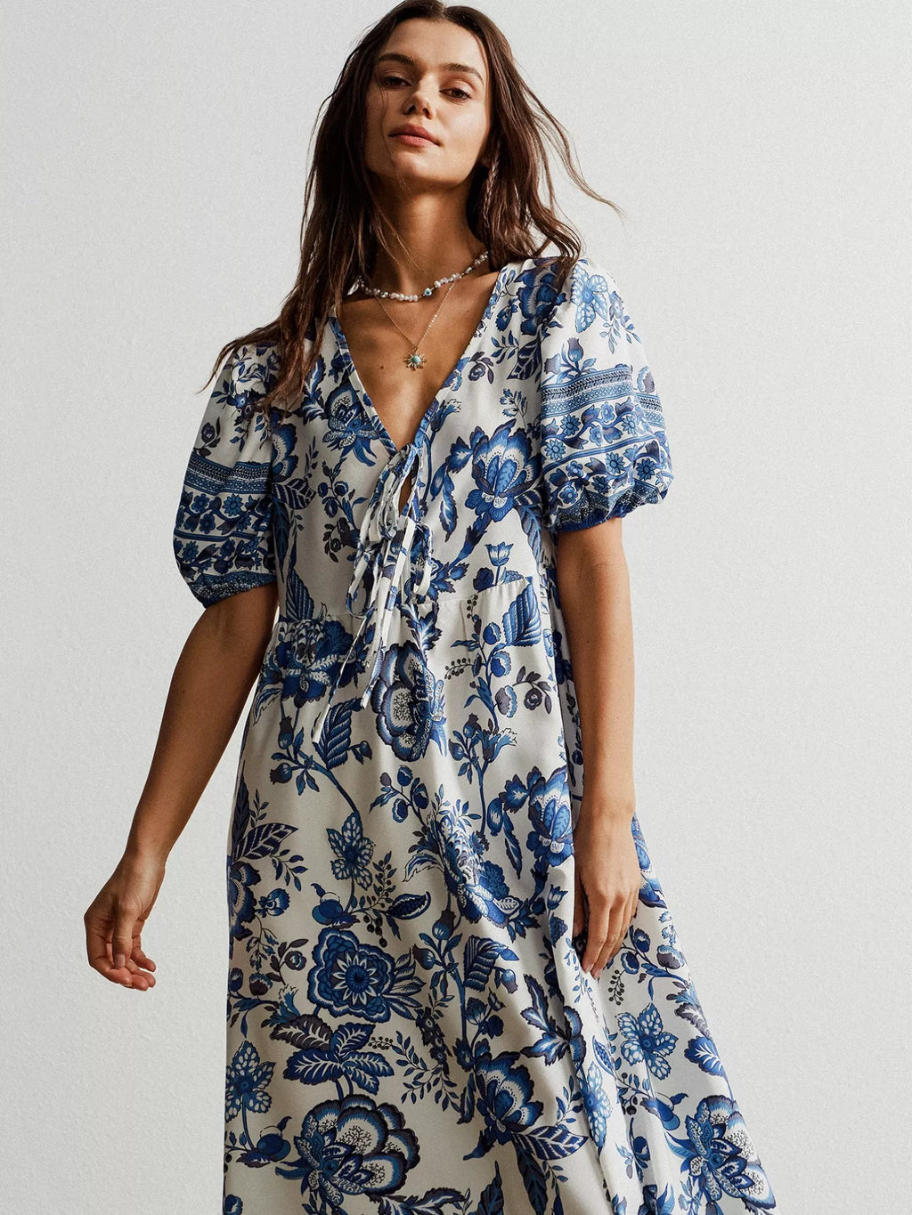 Blue Floral V-Neck Puff Half Sleeve Maxi Bazaare Mart Floral Print Tie-Neck Puff Sleeve Maxi Dress