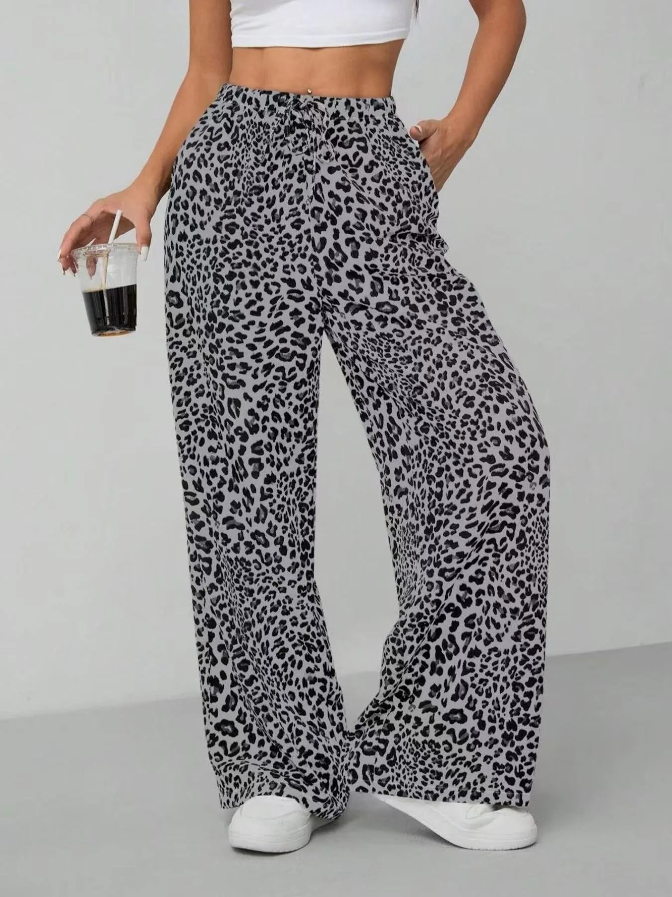 Leopard Print Wide Leg Pants Dark Gray Trendsi Leopard Print Wide Leg Pants