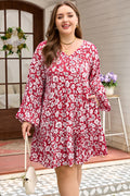 Red Plus Floral Balloon Sleeve V Neck Relaxed Dress Red 100%Viscose Dear-Lover Dropshipping Plus Size/Plus Size Dresses/Plus Size Mini Dresses