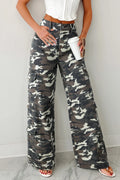 Green Camo Denim Cargo Wide Leg Pants Green1 65%Cotton+35%Polyester Bazaarre Mart Bottoms/Jeans