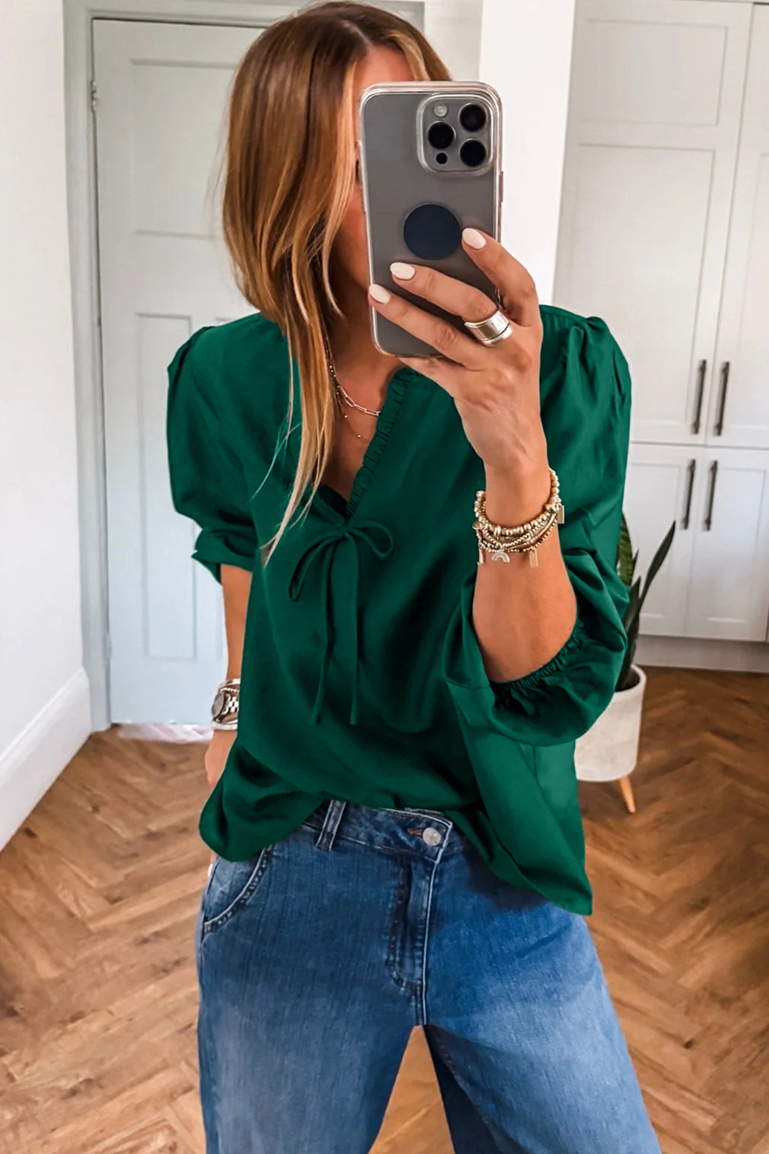 Solid Color Frilled V Neck Bow Detail 3/4 Sleeve Blouse Bazaare Mart Tops/Blouses & Shirts