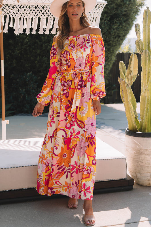 Bright Floral Off Shoulder Long Puff Sleeve Maxi Dress