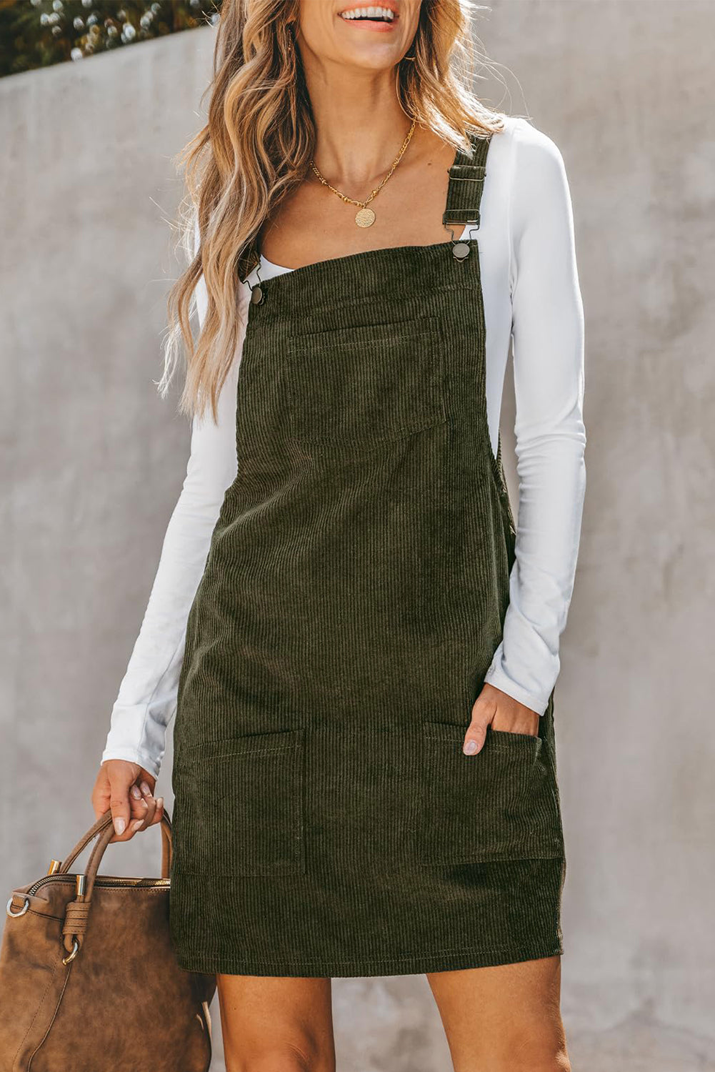 Army Green Corduroy Overall Dress