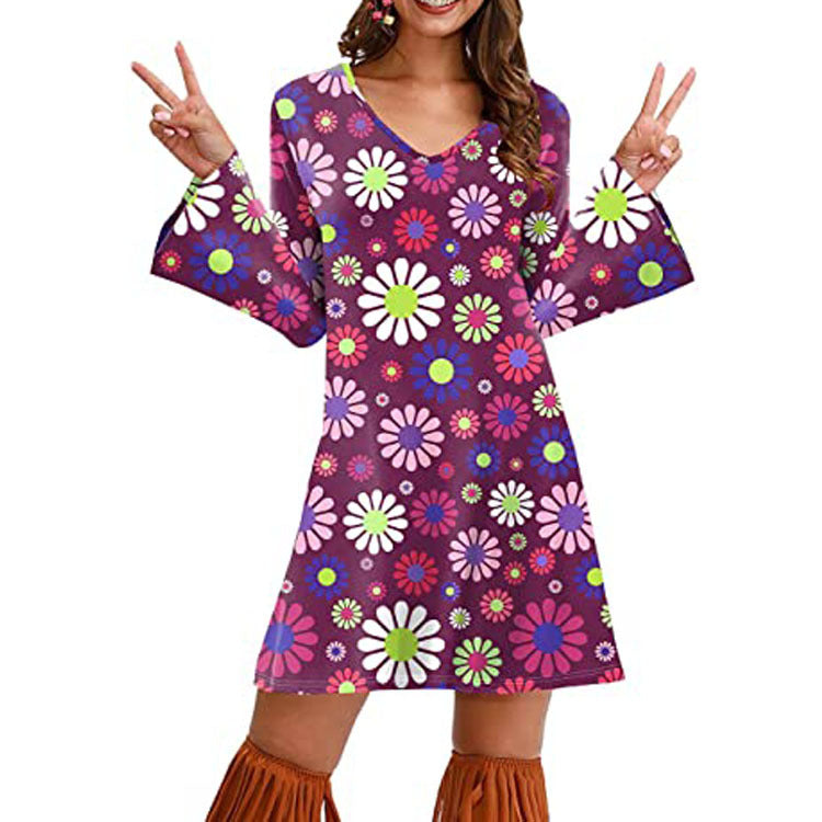 Retro ’70s Hippie Print A-Line Mini Dress Floral Purple CJ Dropshipping Long Sleeve Hippie Dress