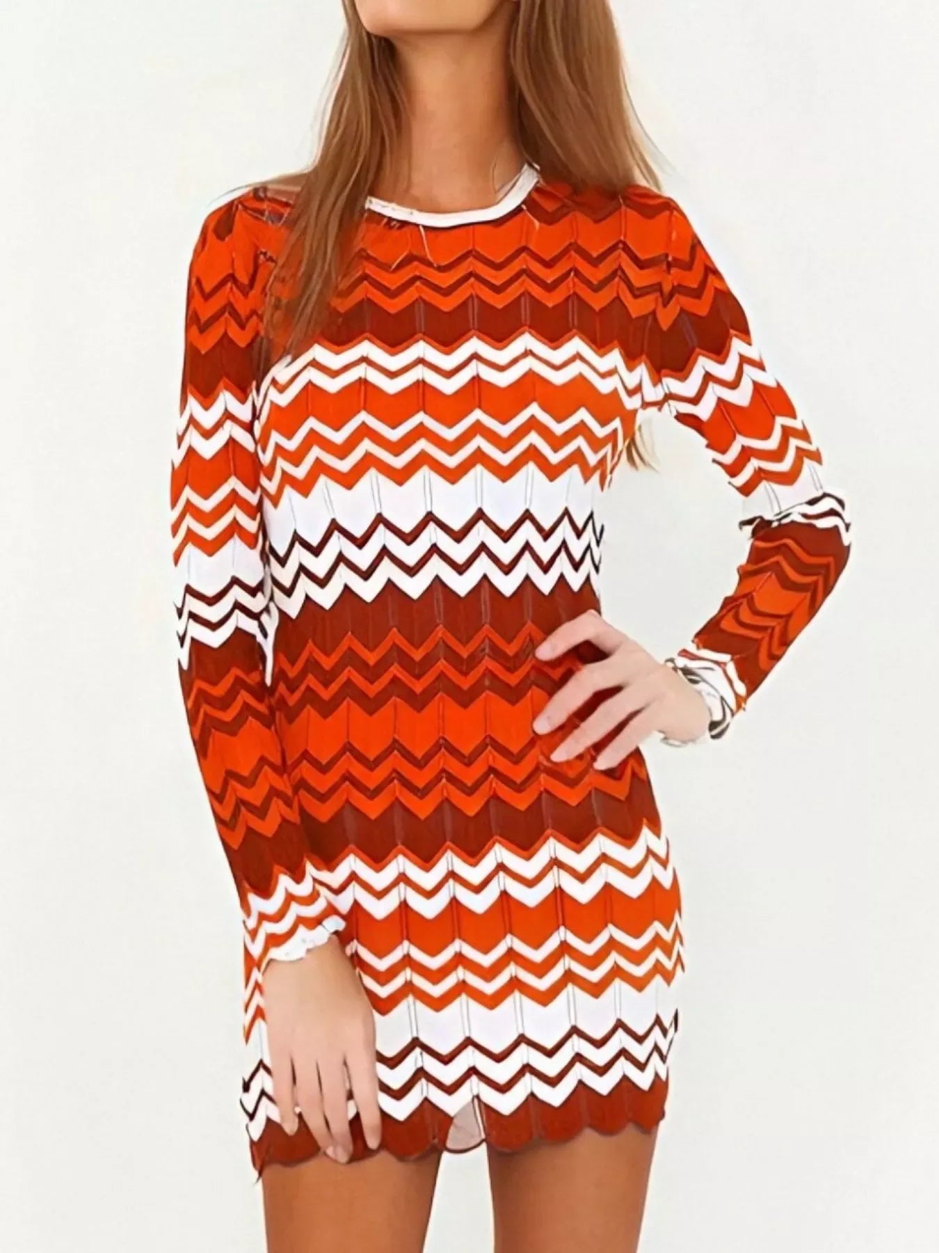 Openwork Wave Pattern Long Sleeve Sweater Dress Trendsi Striped Sweater Dress